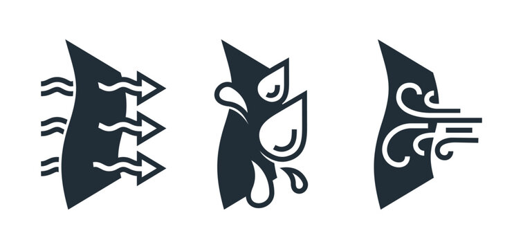 Wind, water proof, breathable - icons in bold line