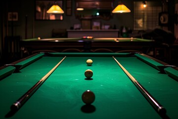 Photo of green pool table with cues taken in the billiard hall