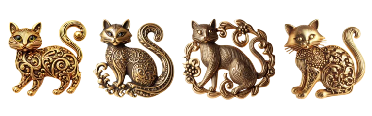 Poster 4 Old fashioned cat brooch made of gold with intricate design set against a transparent background © SA Studio
