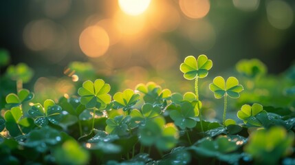 Close-up of vibrant green clover leaves forming a lush background, symbolizing growth and natural freshness. St. Patrick's day concept