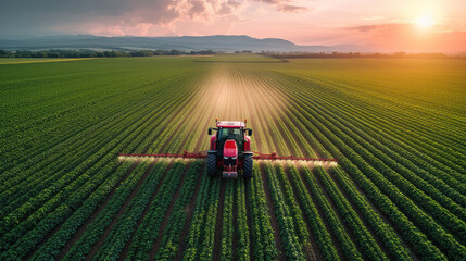 Modern Tractor Spraying Rural Farmland , drone shot