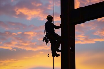 steelworker perched high with sunset skies behind - 734960283