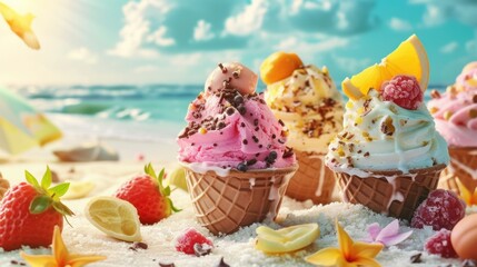 Gourmet ice-cream served in wafer cups in the golden sand on a tropical beach in summer with...