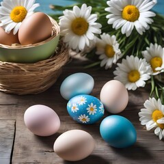 Easter holiday decoration with daisy flowers and painted eggs on wooden blue table 