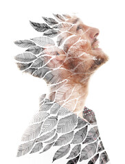 A young man's profile in double exposure paintography with a visual effect - 734960477