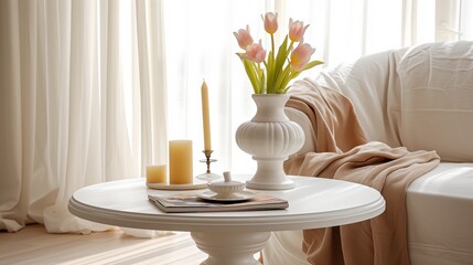 Soft Pink Tulips in White Vase on Table, Gentle Light, Serene and Inviting Living Space
