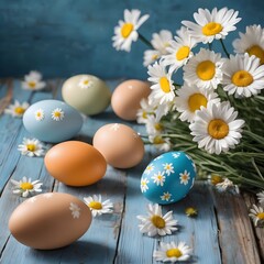 Easter holiday decoration with daisy flowers and painted eggs on wooden blue table 