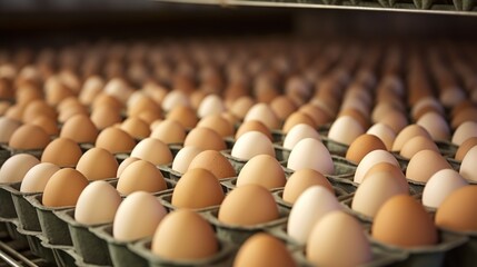 Close-up of fresh chicken eggs at a poultry farm. Agriculture, egg production.