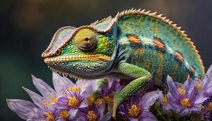 Fototapeta premium Macro shots, Beautiful nature scene , baby green chameleon sitting on flower in a summer garden.