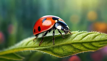 Outdoor kussens Macro shots, Beautiful nature scene.  Beautiful ladybug on leaf defocused background © blackdiamond67