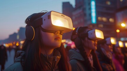 A woman is immersed in a virtual reality experience, wearing a VR headset surrounded by captivating neon lighting.