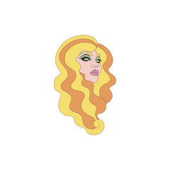 Groovy disco 1970s female woman head portrait with long curly hair style vector illustration isolated on white. 60s 70s 80s retro party print poster postcard design.
