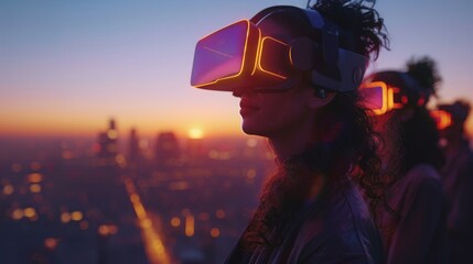 A woman is immersed in a virtual reality experience, wearing a VR headset surrounded by captivating neon lighting.
