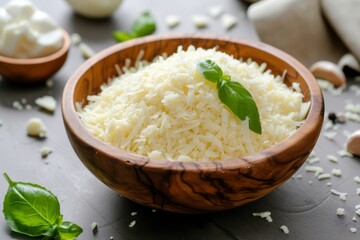 Mozzarella cheese piled in a wood bowl