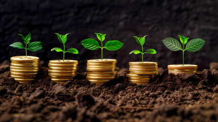 Trees grow on piles of gold coins on the ground, business growth tips. Investment in agribusiness and agricultural processing - obrazy, fototapety, plakaty