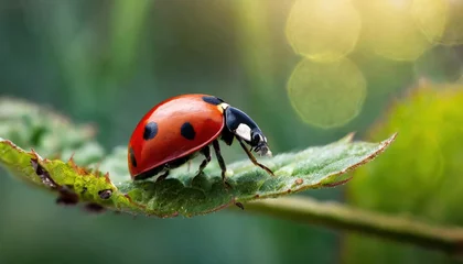 Foto auf Acrylglas Macro shots, Beautiful nature scene.  Beautiful ladybug on leaf defocused background © blackdiamond67