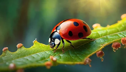 Poster Im Rahmen Macro shots, Beautiful nature scene.  Beautiful ladybug on leaf defocused background © blackdiamond67