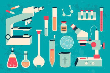 Vector set of laboratory equipment. Medical instrument - microscope, flask, bottle, and other scientific elements. Flat simple style in trendy colors.
