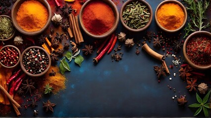 Obraz na płótnie Canvas Colorful spice background, top view. Seasonings and herbs for In