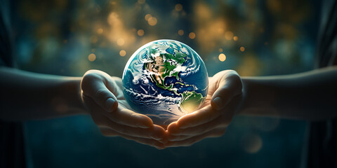 Close up of human hands holding Earth planet. Elements of this image are furnished by NASA - obrazy, fototapety, plakaty