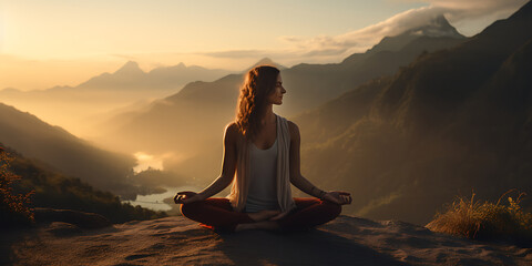 Yoga woman meditating in lotus pose on mountain top with valley - obrazy, fototapety, plakaty