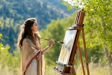 female artist in silk scarf painting on easel outdoors