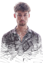 A graphic double exposure full-front paintography portrait of a man - 734961268