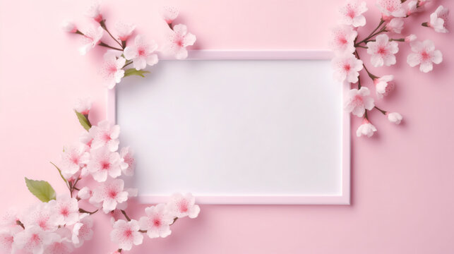 Empty pink picture frame with colorful spring flowers