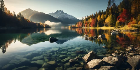 Fotobehang Mountain lake in the autumn at sunrise. The concept of active, ecological and photo tourism © Graphicsstudio 5