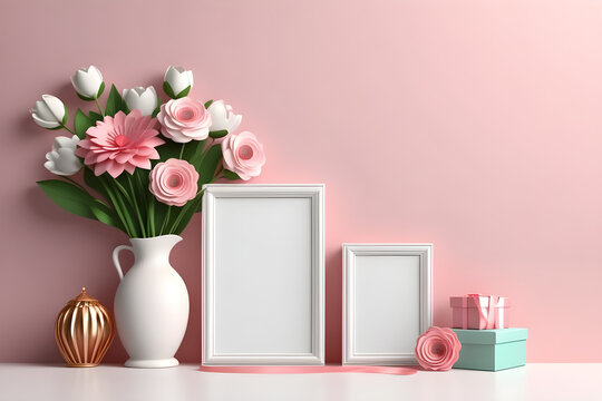 empty mockup Mother's day modern background with decor elements 3d. card with roses and ribbon. vase with flowers