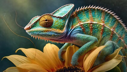 Obraz premium Macro shots, Beautiful nature scene , baby green chameleon sitting on flower in a summer garden.