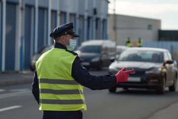 Obraz premium traffic officer directing cars with a mask, near an industrial complex
