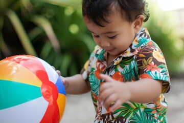 child in mini aloha shirt playing with a beach ball - obrazy, fototapety, plakaty