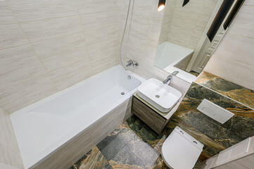interior apartment room bathroom, sink, decorative elements, toilet. WC, sanitary unit, wash room