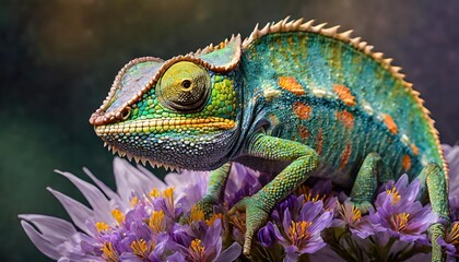 Obraz premium Macro shots, Beautiful nature scene , baby green chameleon sitting on flower in a summer garden.