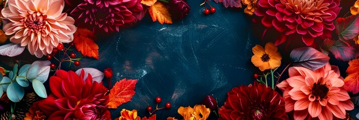 Wide banner with colorful autumn chrysanthemums lying on dark blue board with free space - obrazy, fototapety, plakaty