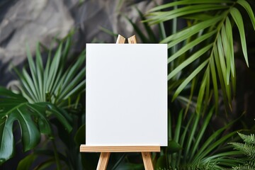 Palm leaves on wooden easel displaying blank card mockup for various designs