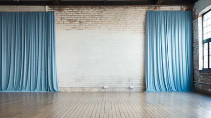 Empty stage with white brick wall and blue curtain.