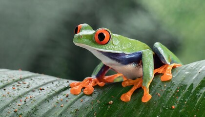 Red-eyed tree frog closeup on leaves, Red-eyed tree frog (Agalychnis callidryas) looks over leaf edge