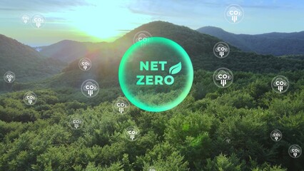 Net zero environment sustainable concept with decreasing carbon CO2 icons in green eco-friendly...