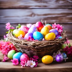 Fototapeta na wymiar easter eggs in a basket with flowers