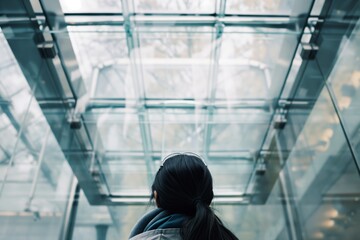 person looking up at a modern glass atrium ceiling - Powered by Adobe