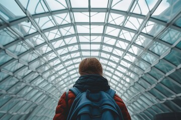 person looking up at a modern glass atrium ceiling - obrazy, fototapety, plakaty