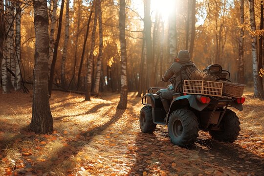 atv with a pack basket attached, foraging in a sunny autumn forest