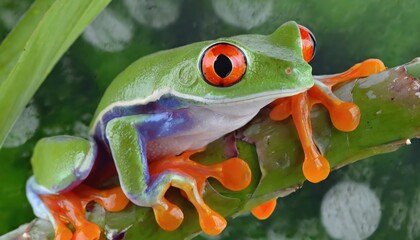 Obraz premium Red-eyed tree frog closeup on leaves, Red-eyed tree frog (Agalychnis callidryas) looks over leaf edge