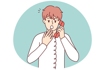 Frightened man holding telephone receiver near ear feel fear after telephone threats. Discouraged guy covers open mouth with hand after learning about college dropout. Flat vector illustration