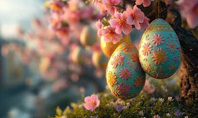 Obraz na płótnie Canvas 3D, cartoon Easter eggs hanging on tree branches.