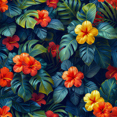 Fototapeta na wymiar Tropical rainforest leaves and flowers as background, ai generated