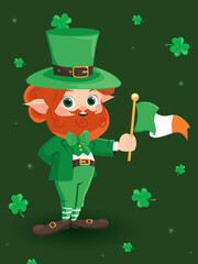 A leprechaun character leprechaun with the flag of Ireland in his hand