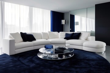 Modern living room with dark blue carpet and white sofa